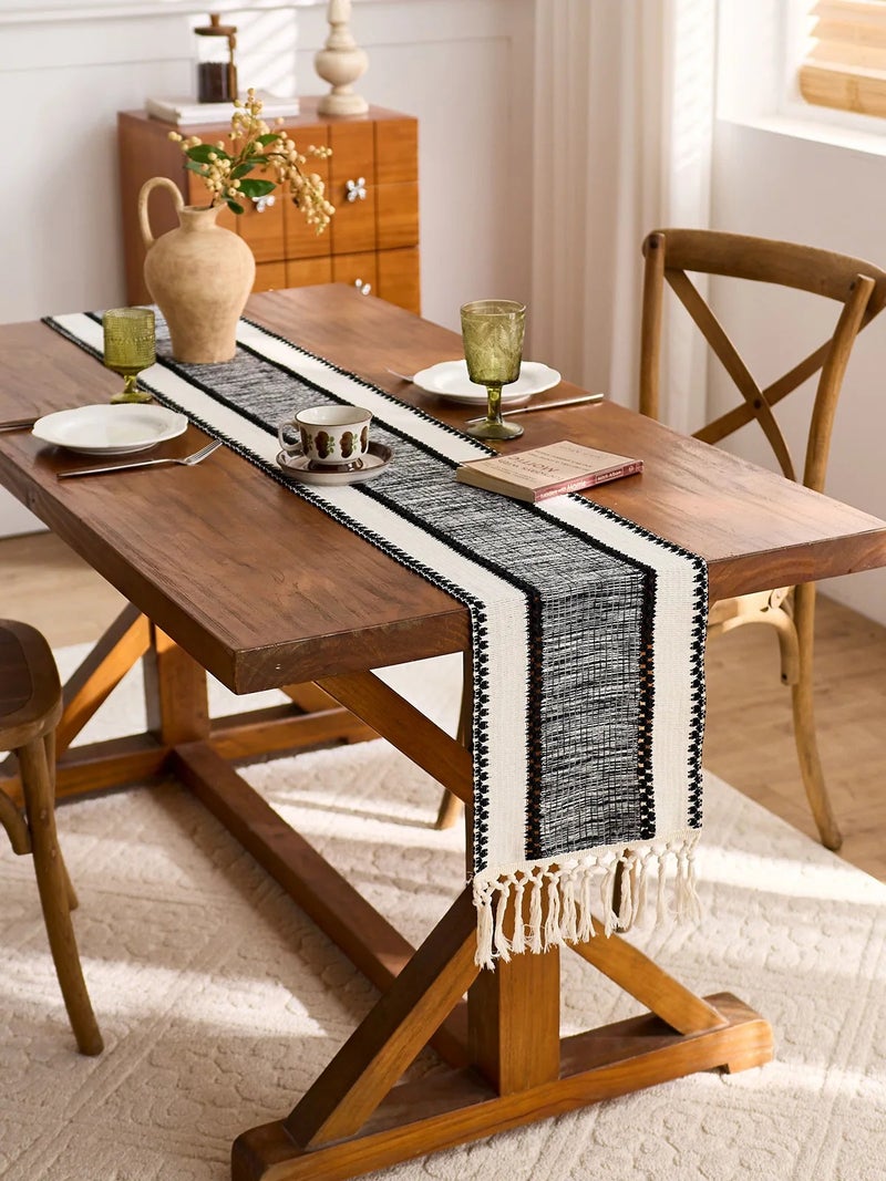 Y&D Black Wide Stripe Table Runner with Tassels – Hollow Jacquard Woven Design for Hotel & Home Dining Tables - Image 1