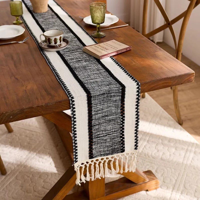 Y&D Black Wide Stripe Table Runner with Tassels – Hollow Jacquard Woven Design for Hotel & Home Dining Tables - Image 5