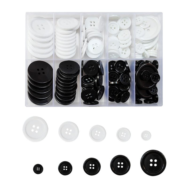 160 Pcs Mixed Sewing Buttons  4Hole 5 Sizes Black  White Round Craft Buttons