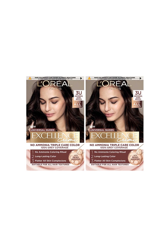 L'Oreal Paris Excellence Crème Universal Nudes Hair Color 3U Dark Brown Bundle - Image 1