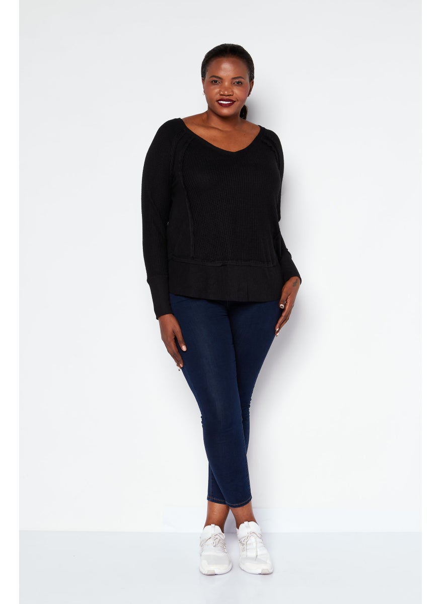 Black Tape - Women Plus Size V-Neck Long Sleeve Plain Top, Black - Image 1