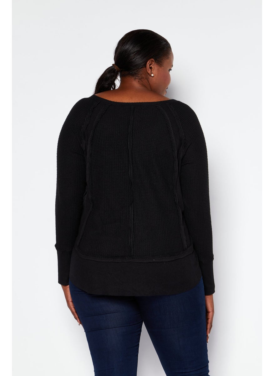 Black Tape - Women Plus Size V-Neck Long Sleeve Plain Top, Black - Image 1