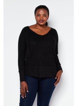 Women Plus Size V-Neck Long Sleeve Plain Top, Black