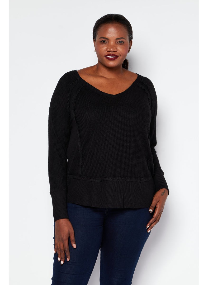 Black Tape - Women Plus Size V-Neck Long Sleeve Plain Top, Black - Image 1