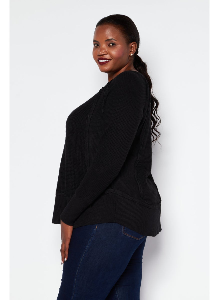 Black Tape - Women Plus Size V-Neck Long Sleeve Plain Top, Black - Image 1