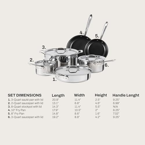 All-Clad D3 3 Ply Stainless Steel Nonstick Bonded Cookware Set 10 Piece, Oven Broiler Safe 600F, Kitchen Cooking Set w/Frying Pan, Sauce Pan, Saute Pan, Stockpot, Professional Pots & Pans Set Silver - Image 2