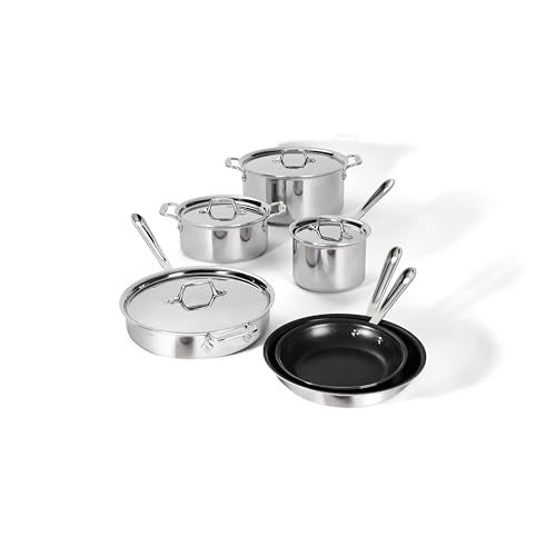 All-Clad D3 3 Ply Stainless Steel Nonstick Bonded Cookware Set 10 Piece, Oven Broiler Safe 600F, Kitchen Cooking Set w/Frying Pan, Sauce Pan, Saute Pan, Stockpot, Professional Pots & Pans Set Silver - Image 1