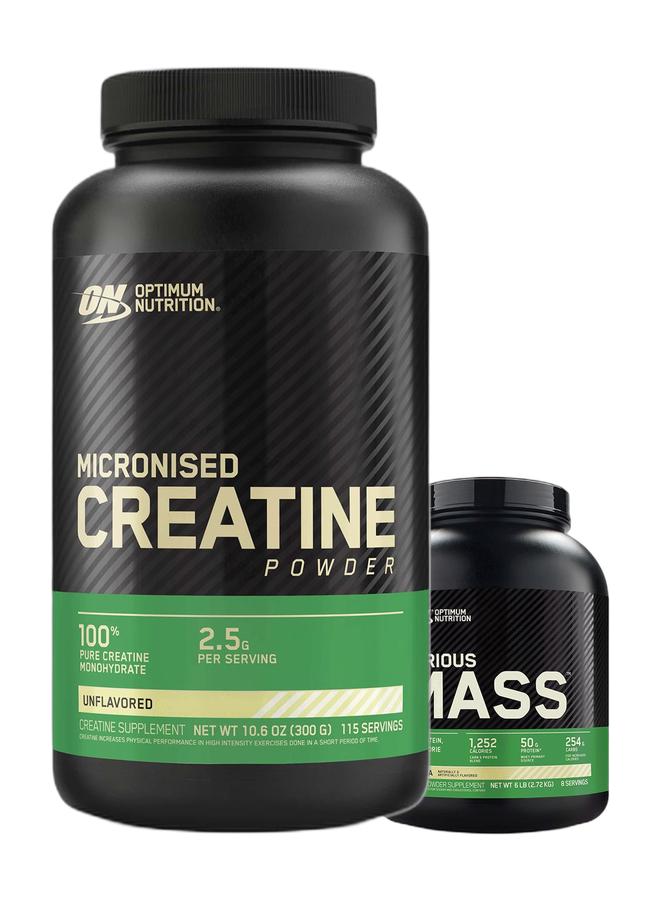 Optimum Nutrition عرض حزمة حصرية - سيريوس ماس فانيلا 6 رطل ومسحوق الكرياتين المجهرية بدون نكهة 300 جرام 115 حصة - Image 1