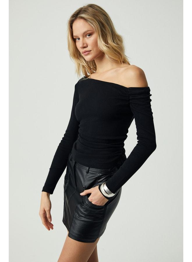 GRIMELANGE SISSI Women's Organic Cotton Asymmetric Collar Stretch Fabric Black Blouse. - Image 3