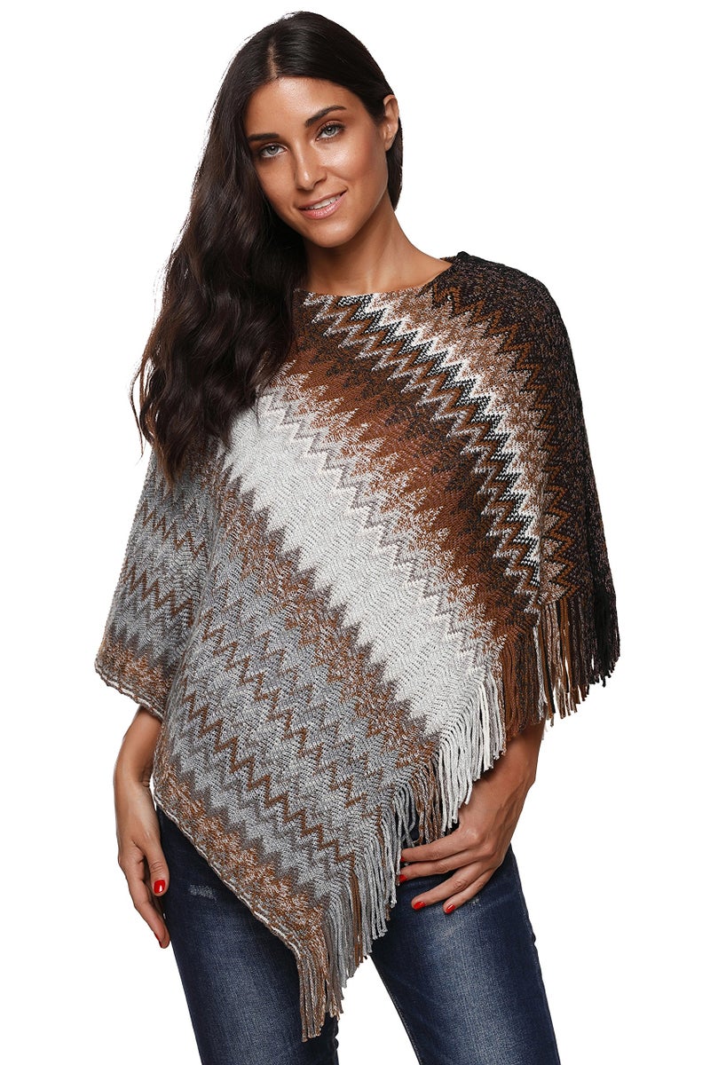 SherryDC Women's Zig-Zag Knit Tassel Fringed Pullover Poncho Sweater Cape Shawl Wrap White+coffee One Size - Image 1
