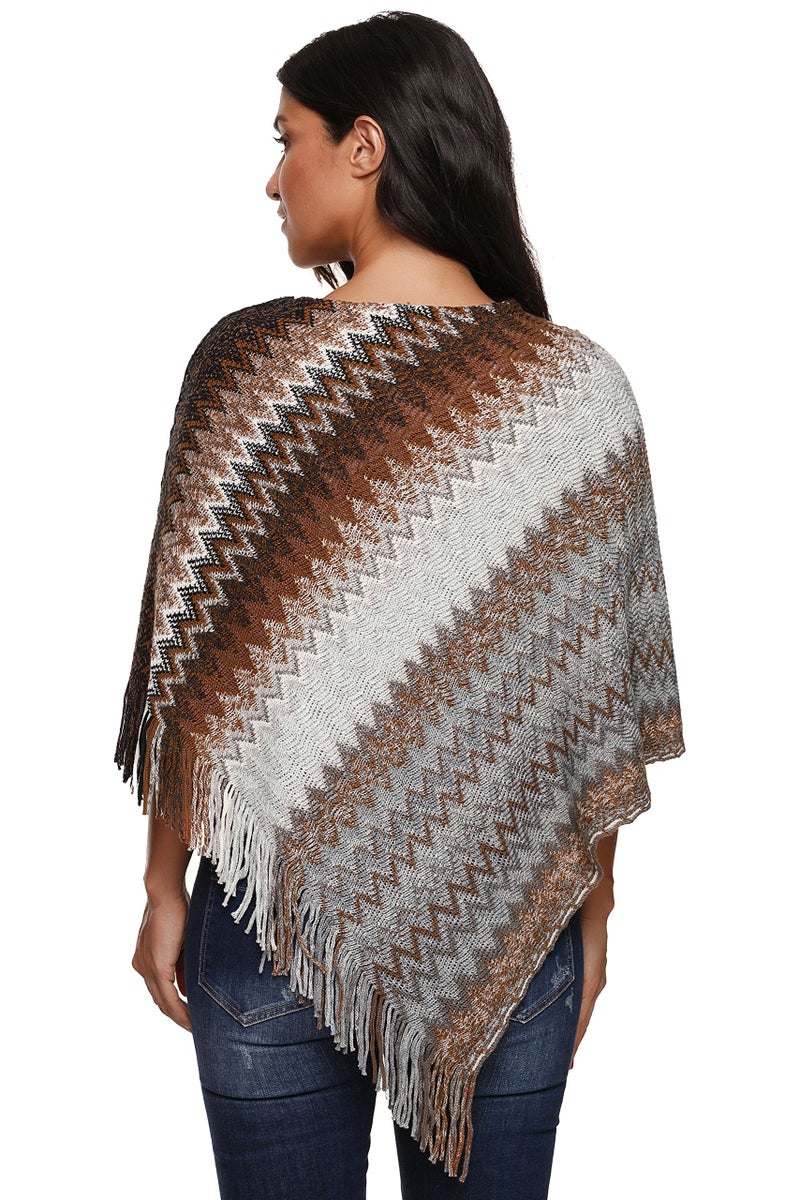 SherryDC Women's Zig-Zag Knit Tassel Fringed Pullover Poncho Sweater Cape Shawl Wrap White+coffee One Size - Image 4