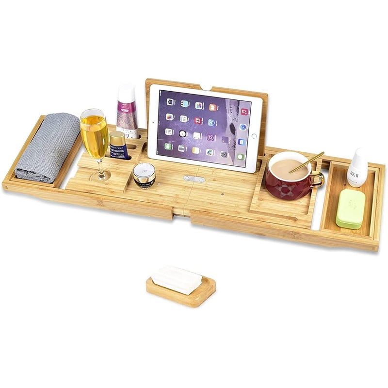 Everhype Bathtub Tray Bamboo Bathtub Caddy Wooden Bathtub Caddy Expandable Handles Bathtub Organizer with Book Tablet Wine Glass Cup Towel Cosmetics Holder - Image 3