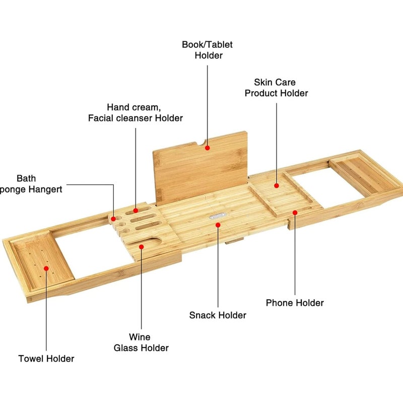 Everhype Bathtub Tray Bamboo Bathtub Caddy Wooden Bathtub Caddy Expandable Handles Bathtub Organizer with Book Tablet Wine Glass Cup Towel Cosmetics Holder - Image 4