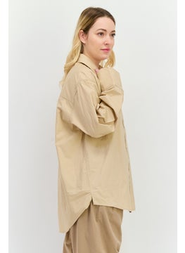 NIA Women Spread Collar Long Sleeve Plain Shirt, Beige  - Image 2