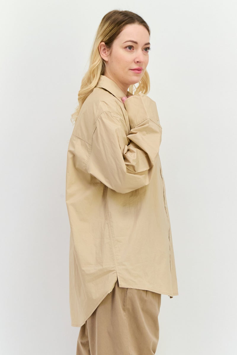 NIA قميص نسائي بأكمام طويلة وياقة منتشرة، بيج - Image 2