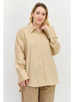 NIA Women Spread Collar Long Sleeve Plain Shirt, Beige  - Image 1