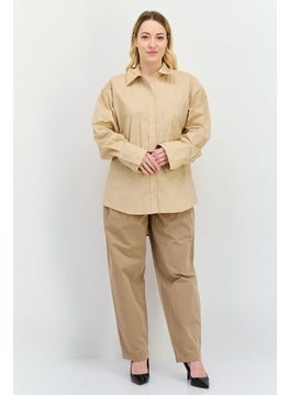 NIA Women Spread Collar Long Sleeve Plain Shirt, Beige  - Image 4