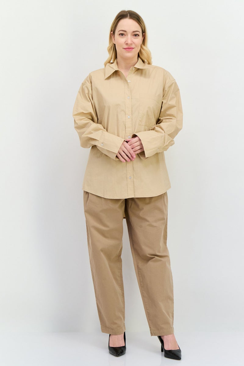 NIA قميص نسائي بأكمام طويلة وياقة منتشرة، بيج - Image 4