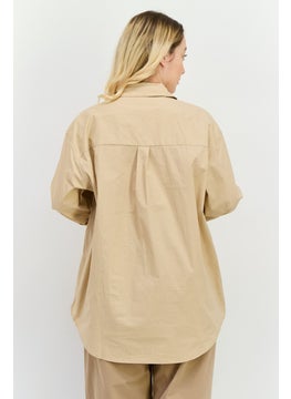 NIA Women Spread Collar Long Sleeve Plain Shirt, Beige  - Image 3