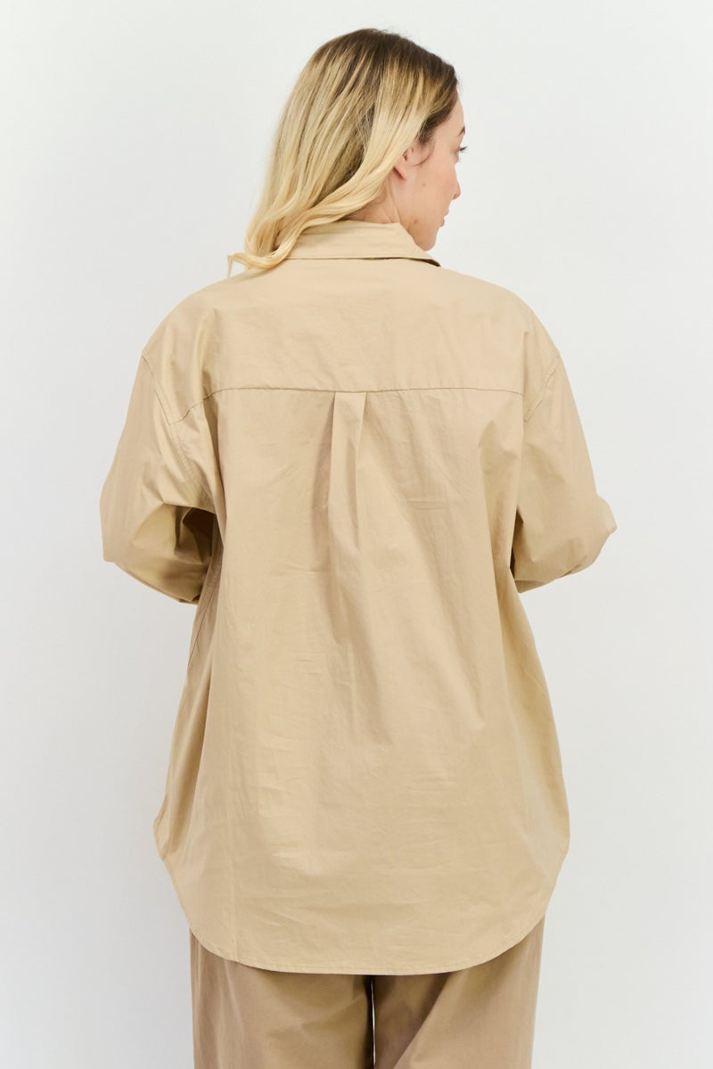 NIA قميص نسائي بأكمام طويلة وياقة منتشرة، بيج - Image 3