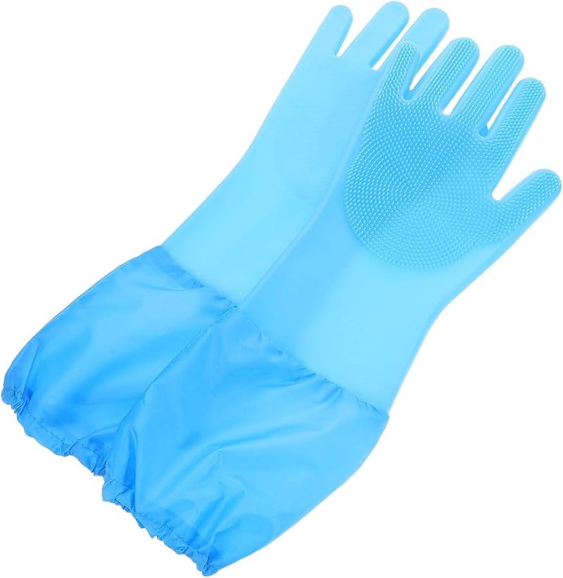 قفازات غسيل الأطباق طويلة زرقاء قابلة لإعادة الاستخدام مقاومة للحرارة لتنظيف المطبخ والطهي واستحمام الحيوانات الأليفة - Image 2