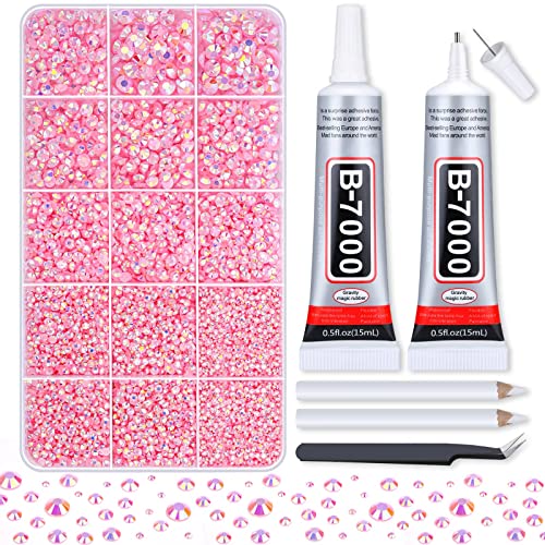 shynek 14000Pcs Flatback Pink Rhinestones with B7000 Adhesive Glue, Non Hotfix AB Color Jelly Resin Rhinestones Gems with Tweezer & Picker Pens for Shoes, Tumblers, Clothes Decoration - Image 1