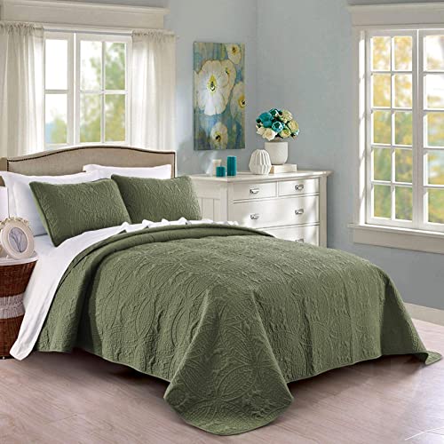 Pure Bedding Quilt Set FullQueen Size Olive Green  Oversized Bedspread  Soft Microfiber Lightweight Coverlet for All Season  3 Piece Includes 1 Quilt and 2 Shams Geometric Pattern