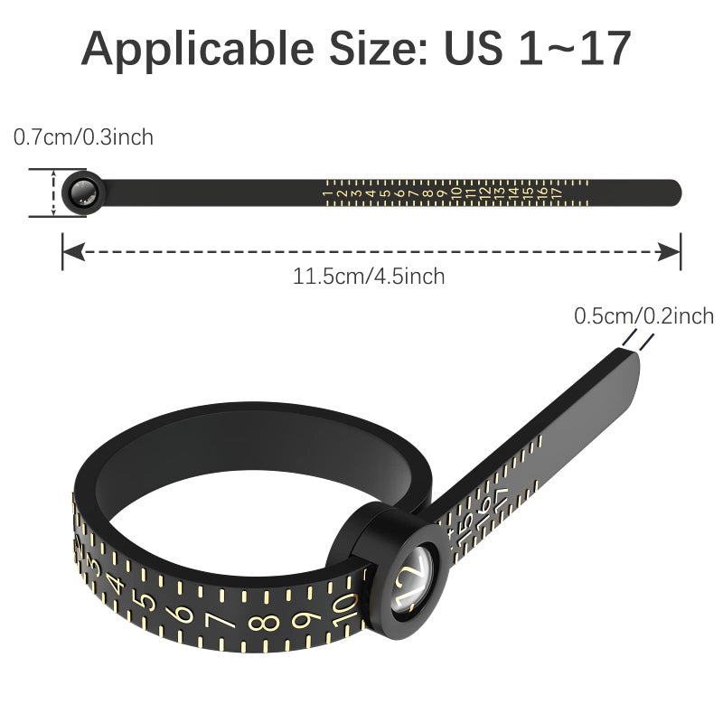 REIDEA Ring Sizer 1-17 REIDEA Measuring Tool with Magnified Glass, Reusable Finger Size Gauge Jewelry Sizing Tool USA Rings Size (Black Sizer Gold Scale)  - Image 3