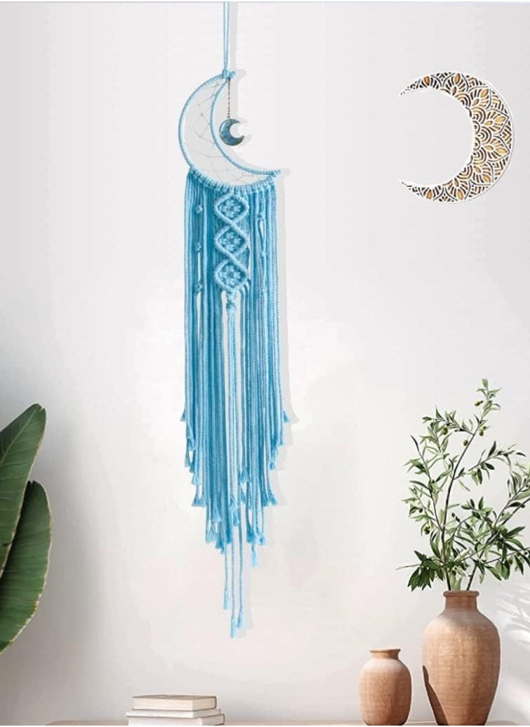 انتيكيانو - رمضان شكل قمر مع ضوء ازرق لتزيين حائط غرفة الفتيات والنساء مكرمية دريم كاتشر بوهو ديكور النوم للمراهقين الاولاد والبنات هدية عيد ميلاد للنساء - Image 1