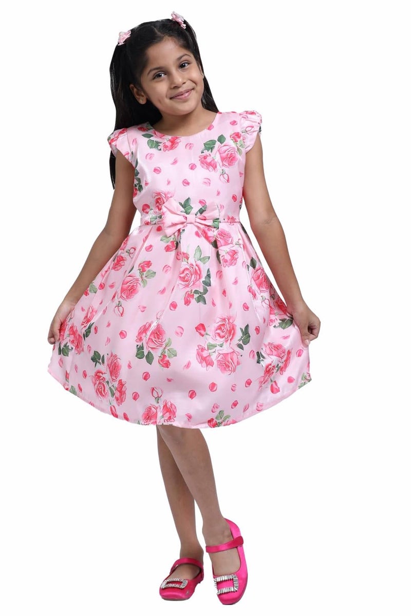 Doodle Floral Printed Dress for Girls | Breathable Kids Frock & Dresses Frocks with Waist Tie & Back Zip | Cap Sleeves & Knee Length (Pink | Age 6 to 7 Years) - Image 2