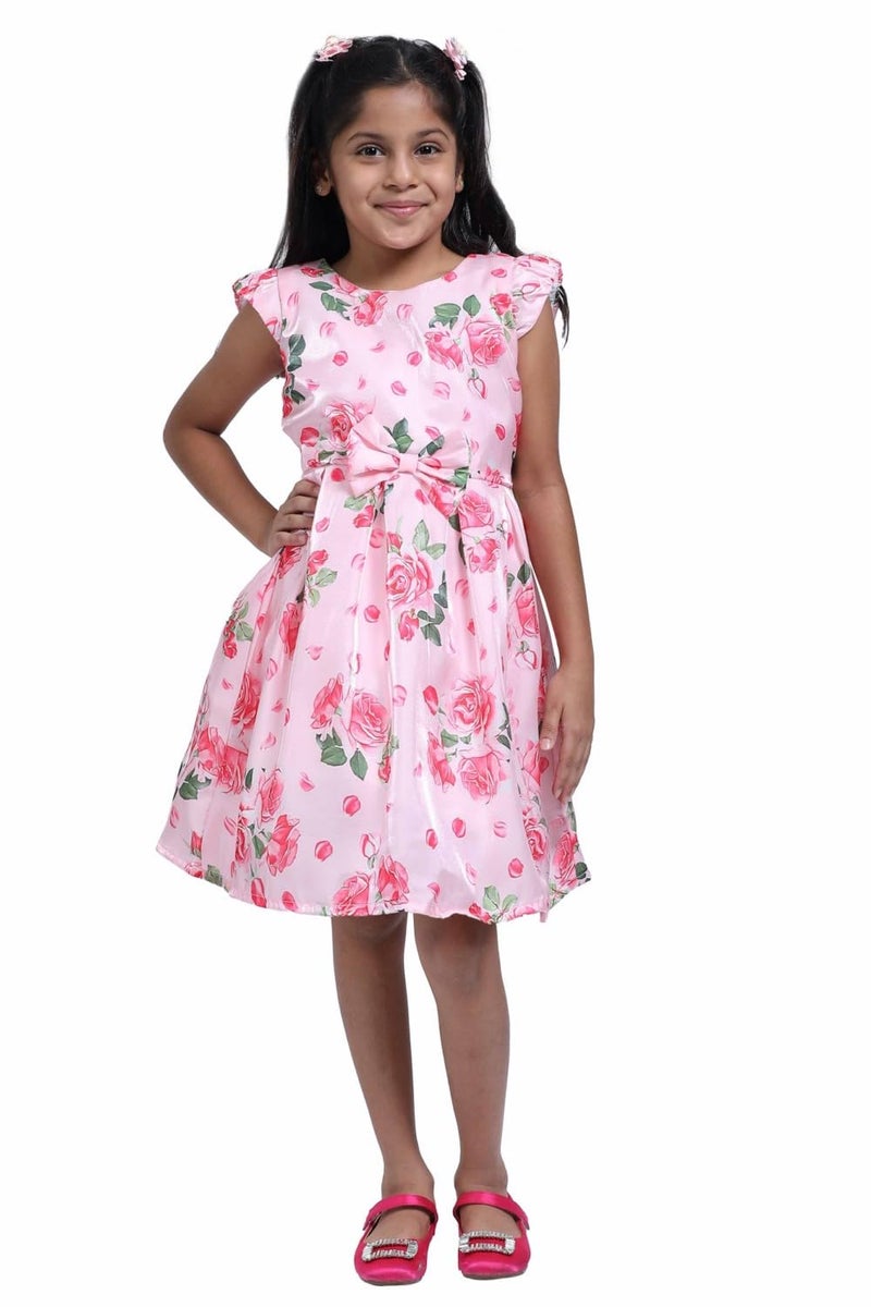 Doodle Floral Printed Dress for Girls | Breathable Kids Frock & Dresses Frocks with Waist Tie & Back Zip | Cap Sleeves & Knee Length (Pink | Age 6 to 7 Years) - Image 1