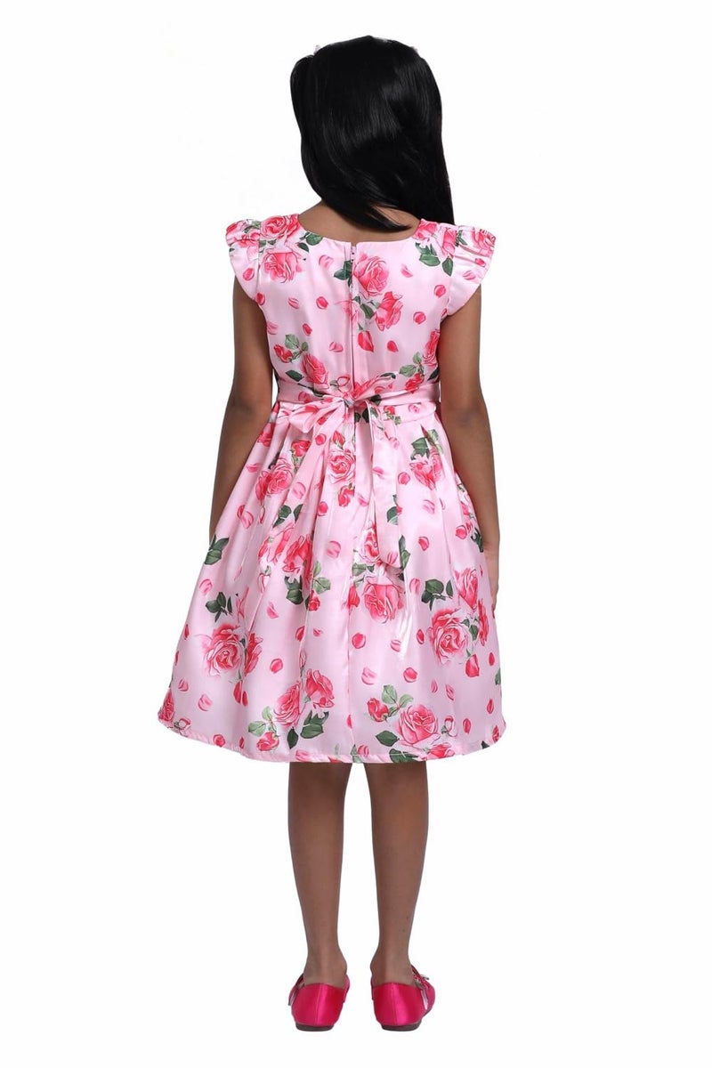 Doodle Floral Printed Dress for Girls | Breathable Kids Frock & Dresses Frocks with Waist Tie & Back Zip | Cap Sleeves & Knee Length (Pink | Age 6 to 7 Years) - Image 5