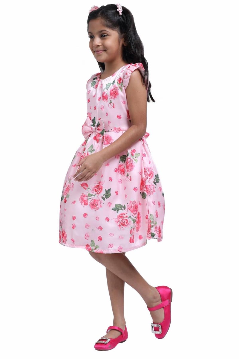Doodle Floral Printed Dress for Girls | Breathable Kids Frock & Dresses Frocks with Waist Tie & Back Zip | Cap Sleeves & Knee Length (Pink | Age 6 to 7 Years) - Image 4