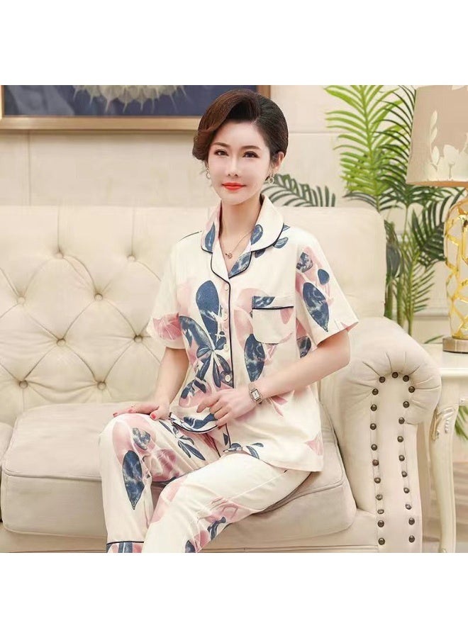 Summer Pure Cotton Short Sleeve Long Pants Cardigan Set Women's Outer Wear Homewear Suitable For Middle-aged Elderly Mothers - Image 1