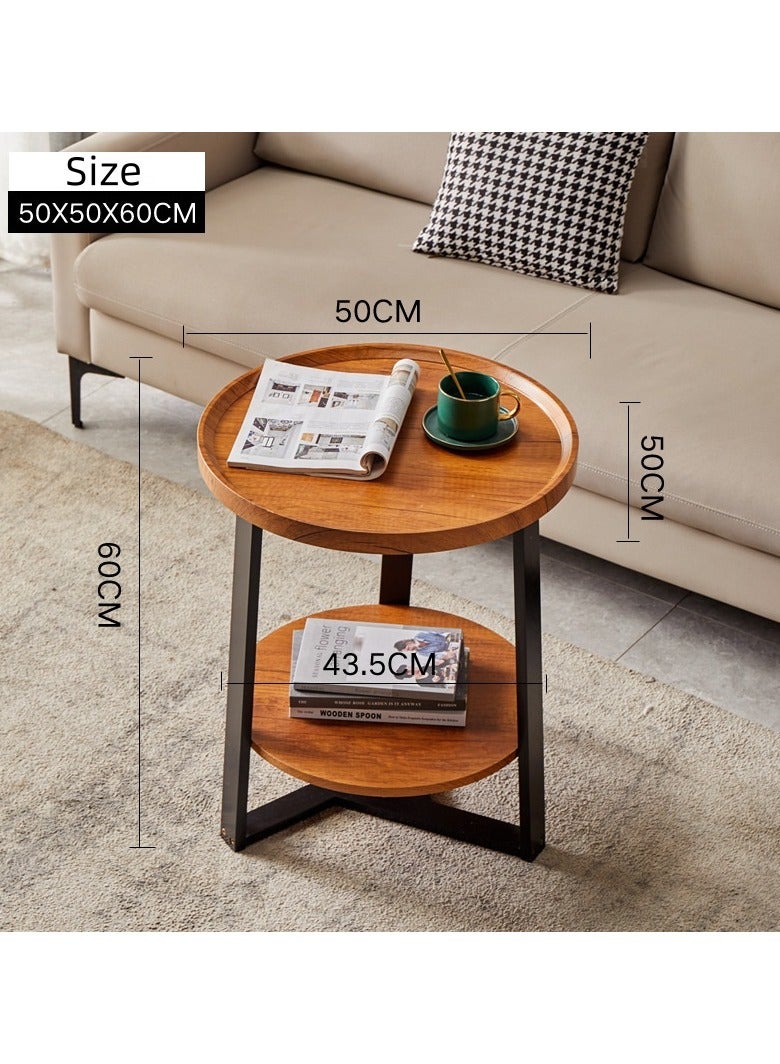 Jorunb 2-Tier Round Side Table with Storage Shelf Edge Protection Tray Sturdy Metal Frame Coffee Table Bedside Table for Living Room Bedroom Small Spaces (Color : Brown-B, Size : 50 * 60cm) - Image 2