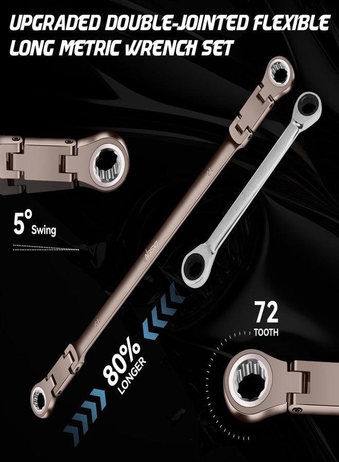 DISEN Upgraded Double Jointed Extra Long Flex Head Ratchet Wrench Set, 6 PCS Metric 8-19mm Box End Ratcheting Wrench set with Magnetic Pickup Tool, 72-Teeth, Cr-V Steel,12 Point, Grey Nickel - Image 2