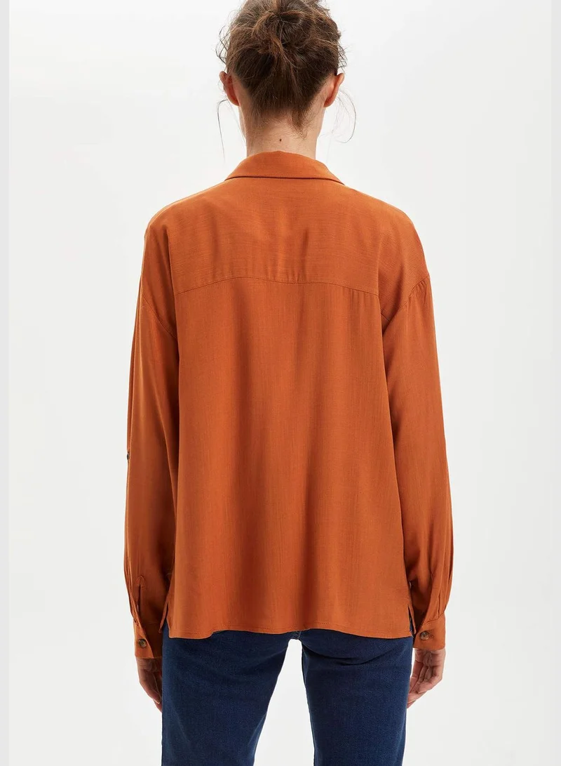 ديفاكتو Woman Woven Top Relax Fit Shirt Neck Long Sleeve Shirt