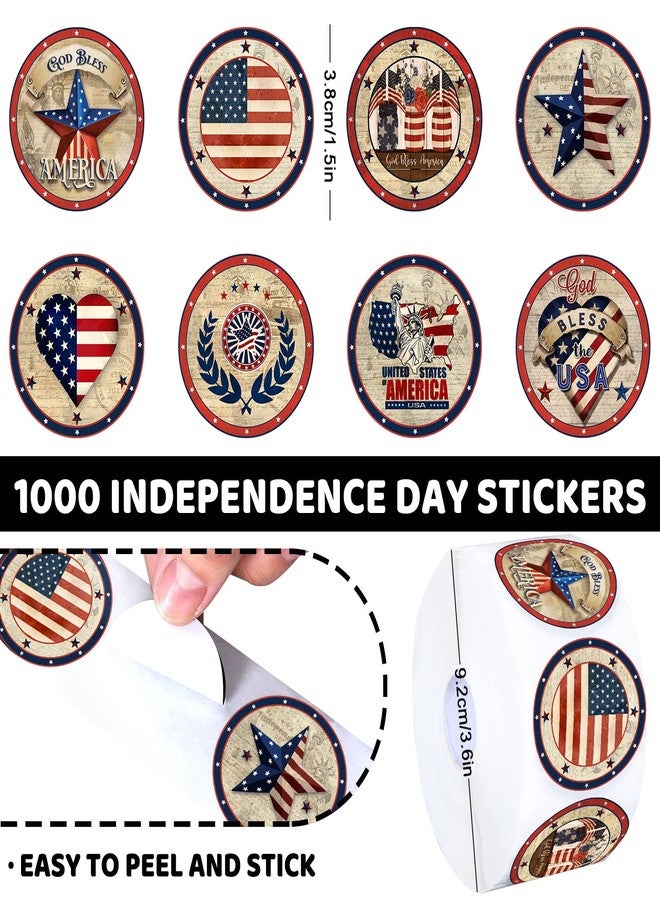 وولاين ملصقات Whaline الوطنية، 1000 قطعة، ملصقات دائرية عتيقة، ملصقات لاصقة على شكل نجمة العلم الأمريكي، ملصقات ختم يوم الاستقلال في لفافة لمستلزمات حفلات يوم الذكرى، 8 تصميمات - Image 2