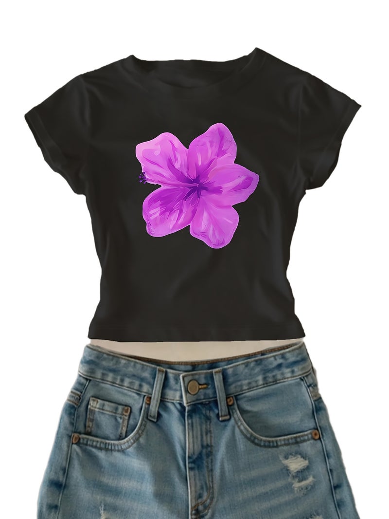 00008 - Women's Casual Top with Large Petal Print, Girly Heart, Ins - Style American Fashion, Versatile T - Shirt, New Summer Trendy Short Sleeve - CC73 - Black 2 / XS - Image 1