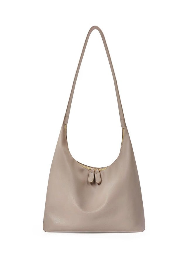 Leather Hobo Bags for Women Small Soft Shoulder Purse Khaki Slouchy Tote Handbag with Double Zipper Design 2024, Khaki
