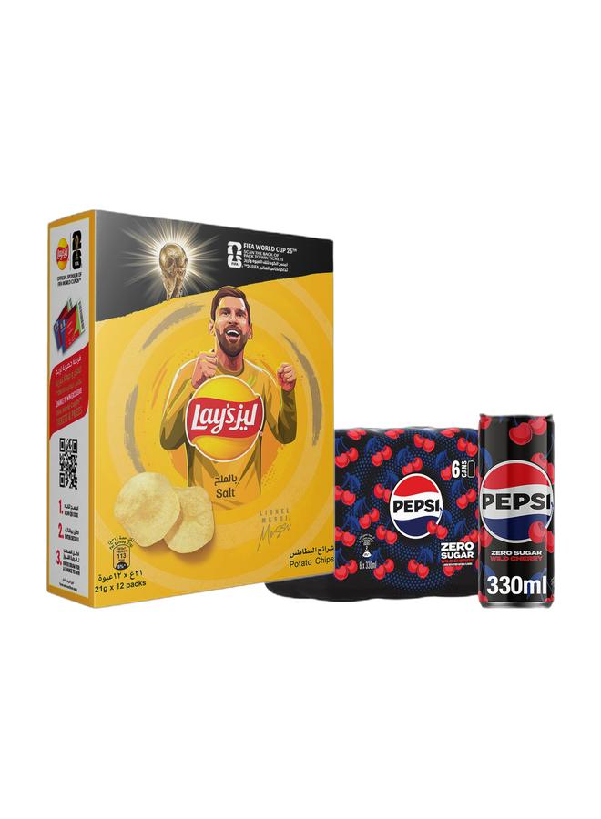 Pepsi Lays Salt Chips 21grams Pack of 12 + Pepsi Zero Sugar Wild Cherry 6 x 330ml - Image 1