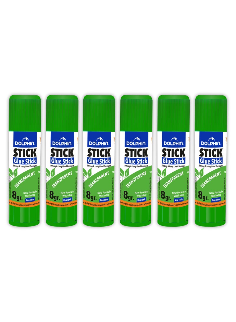 Dolphin Glue Stick 8 Gram – Pack of 6, Strong Adhesive with Smooth Application, Non-Toxic Formula for Paper & Office Use, Made in Korea