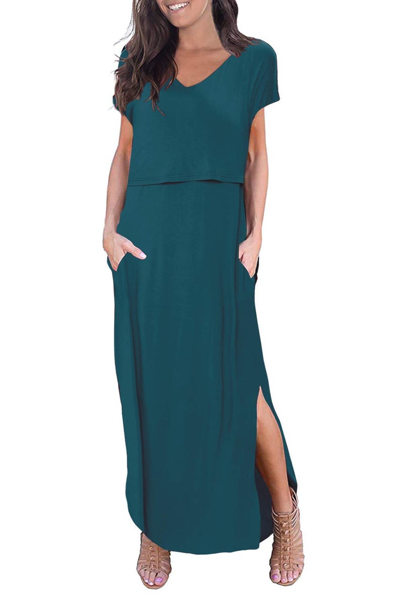 Smallshow Womens Maternity Nursing Dresses Split Long Dress for Breastfeeding Large Teal