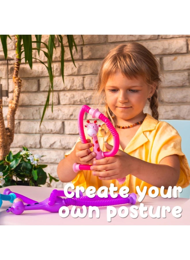 ST ZONE 4 Pcs Telescopic Suction Cup Giraffe Toy – Sensory Pop Tubes & Connect Fidget Toys for Kids – Toddler Travel Toy – Autism Sensory Play Set - Image 2