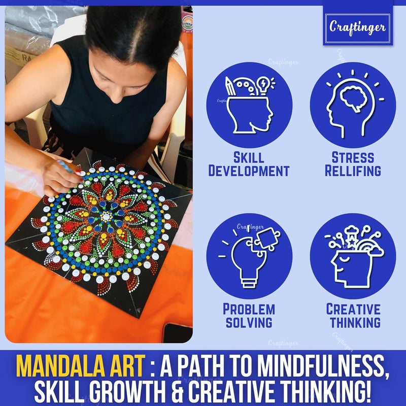 Craftinger Mandala Dotting Art Kit for Adults & Beginners, 14 Pre-Designed MDF Boards | 6 Acrylic Colors | Set of 2 Brushes | Dot Tools | for Artists, Students, Children | Ideal for Gifting, Assorted - Image 4
