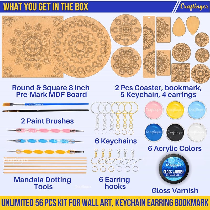 Craftinger Mandala Dotting Art Kit for Adults & Beginners, 14 Pre-Designed MDF Boards | 6 Acrylic Colors | Set of 2 Brushes | Dot Tools | for Artists, Students, Children | Ideal for Gifting, Assorted - Image 2