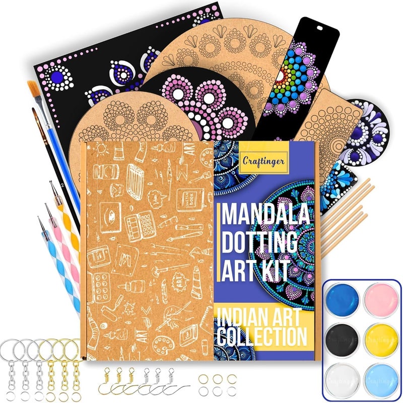 Craftinger Mandala Dotting Art Kit for Adults & Beginners, 14 Pre-Designed MDF Boards | 6 Acrylic Colors | Set of 2 Brushes | Dot Tools | for Artists, Students, Children | Ideal for Gifting, Assorted - Image 1