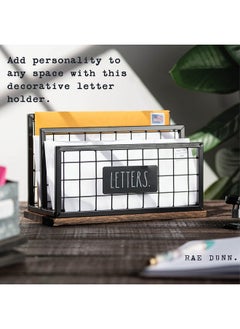 Rae Dunn Desktop Letter Holder 2 Compartment Mail And Stationary Table Top Organizer Chic And Stylish Galvanized Steel And Solid Wood “Letters” Print For Home And Office  - Image 3