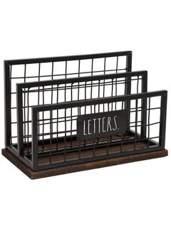 Rae Dunn Desktop Letter Holder 2 Compartment Mail And Stationary Table Top Organizer Chic And Stylish Galvanized Steel And Solid Wood “Letters” Print For Home And Office  - Image 1