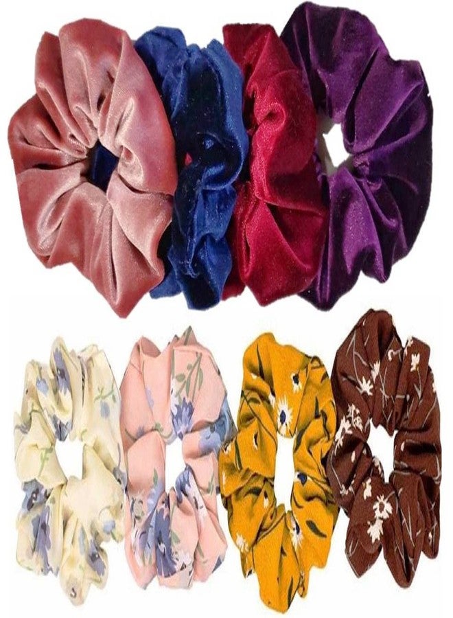 DIAN Multicolor Pack of 8 Hair Scrunchies, Hair Ponytail Holder, Hair Tie, Hair Bow, Hair Bands in Velvet Fabric & Printed for Girl, Teens and Women - Image 1